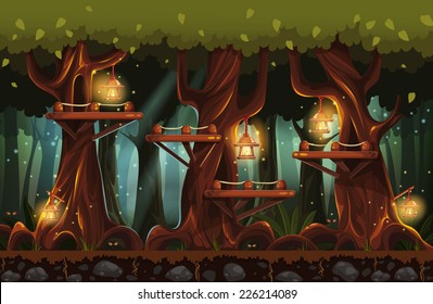 Illustration of the fairy forest at night with flashlights, fireflies and wooden bridges