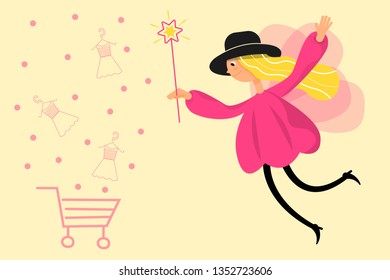 Illustration of a fairy girl. Vector flat style. Make online purchases. Isolated. Flat design. For banner, web, flyer, advertising.