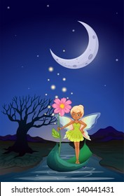 Illustration of a fairy holding a flower riding on a boat in the middle of the night