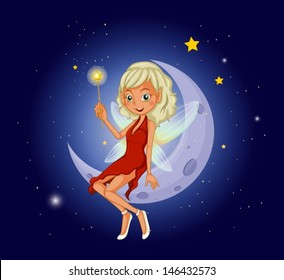 Illustration of a fairy holding a magic wand sitting at the crescent moon 