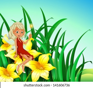 Illustration of a fairy holding a wand sitting above a flower