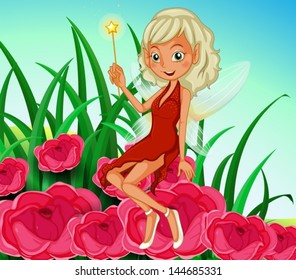 Illustration fairy holding wand sitting at the red  flowers