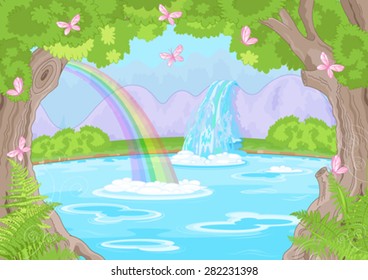 Illustration of fairy landscape with Fabulous Waterfall