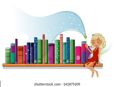 Illustration of a fairy in the library on a white background