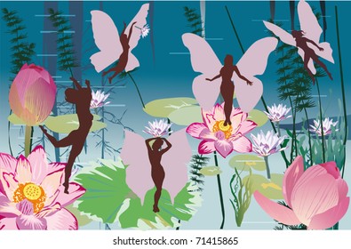 illustration with fairy on lily flowers