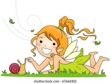 Illustration of a Fairy Playing with a Snail