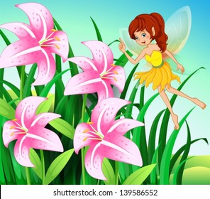 Illustration of a fairy pointing the pink flowers at the garden