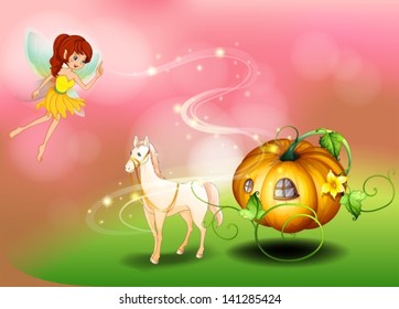 Illustration of a fairy and a pumpkin cart