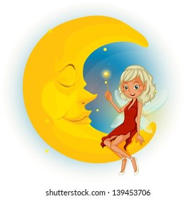 Illustration of a fairy with a red dress beside the sleeping moon on a white background