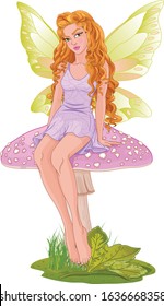 Illustration of  fairy sitting on mushroom