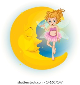 Illustration of a fairy standing on a sleeping half moon on a white background