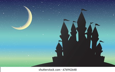 Illustration of Fairy Tale Castle Silhouette on the Hill with Starry Sky and Moonlight.