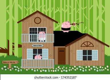 The illustration of the fairy tale featuring the three little pigs in the wooden house in the forest. A wolf between tall trees staring at them.