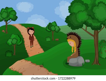 
Illustration for a fairy tale. Girl and boy in costumes of a hedgehog and a teddy bear on the background of the forest. For books, postcards