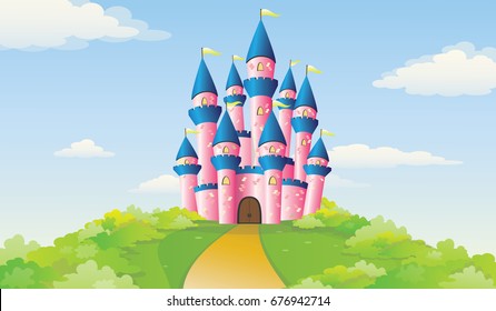 Illustration of Fairy Tale Pink Castle On Green Hill Vector Landscape.