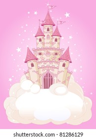 Illustration of a Fairy Tale princess pink castle in the sky