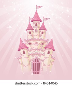 Illustration Of A Fairy Tale Princess Pink Castle On Radial Background