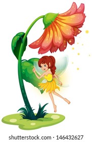 Illustration of a fairy under a giant flower on a white background 