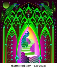 Illustration of fairyland fantasy kingdom, vector cartoon image.