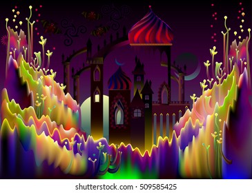 Illustration of fairyland fantasy kingdom, vector cartoon image.