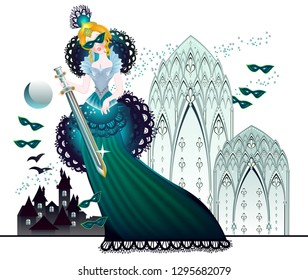 Illustration of fairyland queen in fantasy medieval kingdom. Book cover for children fairy tale. Poster for carnival festival. Vector cartoon image.