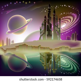 Illustration of fairyland space landscape with fantastic spaceship. Vector cartoon image.