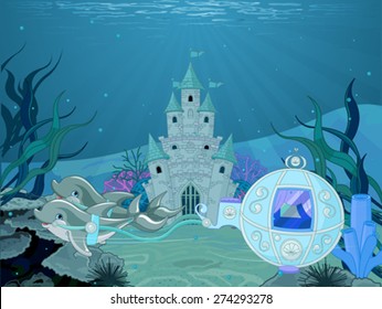 Illustration of fairytale dolphin carriage on ocean background with castle