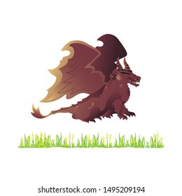 Illustration of a fairytale dragon in brown tones with wings and paws on the grass with yellow flowers, separate drawing without background