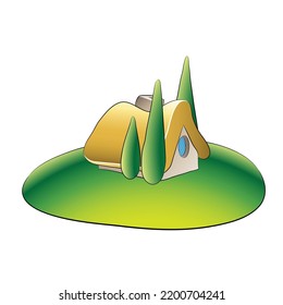 Illustration of a Fairytale House and Green Garden with Trees isolated on a White Background