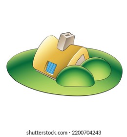 Illustration of a Fairytale House and Green Garden with Bushes isolated on a White Background