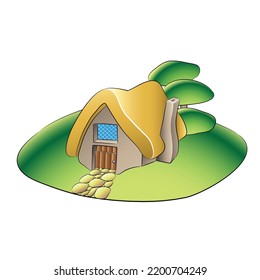 Illustration of a Fairytale House in a Green Garden with Stony Walkway and Trees isolated on a White Background