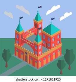 Illustration of a fairytale medieval castle against a summer landscape