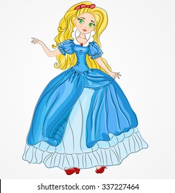 Illustration of Fairytale princess. The princess. Heroes of fairy tales. Illustration of girl Dressed as a Princess. Beautiful blonde princess Cinderella in blue dress.