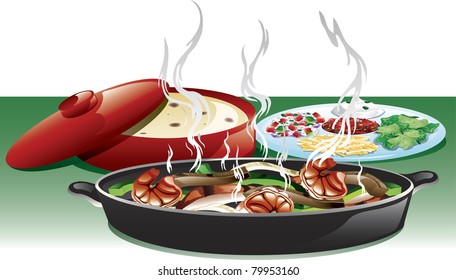 Illustration of a fajita trio meal including, shrimp, beef, and chicken