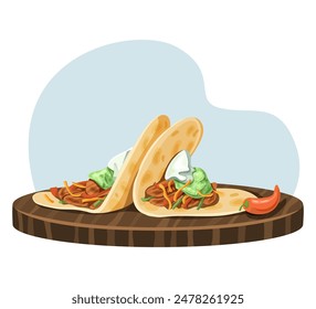 Ilustración de fajitas con crema agria, verduras y pimienta en tablero de madera. Cocina mexicana y comida callejera.