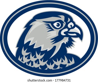 Illustration of a falcon hawk eagle bird head looking to side set inside oval on isolated background done in retro style. 