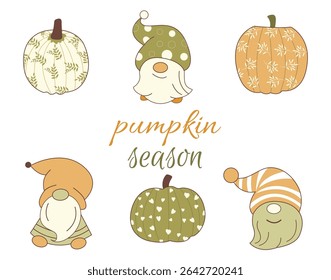 Illustration for fall designs Pumpkins and gnomes in autumn colors Vector illustration