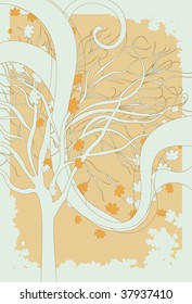 Illustration of fall leaves blowing through a bare tree. All elements are on separate layers. Leaf border elements are not combined. Easy to add/subtract. Elements cropped to page via clipping mask.