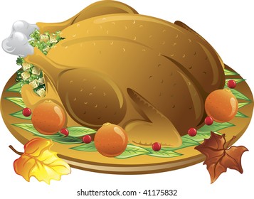 Illustration of fall leaves and a roasted stuffed turkey