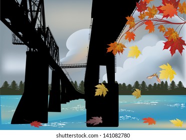 Illustration mit Ahornabzweig in der Nähe der Brücke