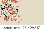 Illustration Fall Maple Leaves Tree Branch and Silhouette Birds Japanese Style. Vector Illustration