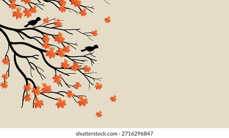 Illustration Fall Maple Blätter Baum Zweig und Silhouette Vögel japanischen Stil. Vektorgrafik
