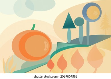 Illustration of Fall nature scene with orange pumpkin, trees and  leaves