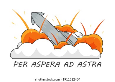 Illustration of the fall of the spaceship. An image of a falling starship with an explosion and debris flying in different directions. Experimental contempt. Isolated vector on white background.