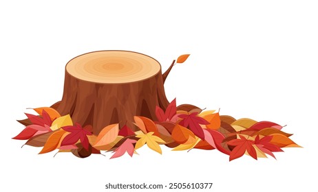 Illustration of fallen autumn leaves piled up around a stump