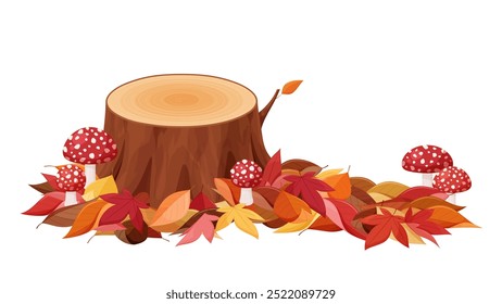 Illustration of fallen autumn leaves piled up around a stump_mushroom