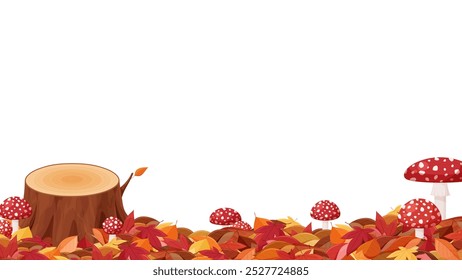 Illustration of fallen autumn leaves piled up around a stump_mushroom_frame_16:9