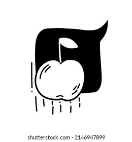 Illustration falling apple symbol of good idea in black color in doodle style
