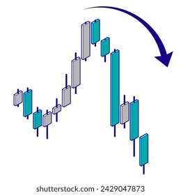 Ilustración de un gráfico de caída, material isométrico sobre divisas, inversión. Ilustración con líneas principales.