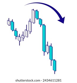 Illustration of a falling chart, isometric material about forex, investment. Image of falling right shoulder, failure. Illustration with main lines.